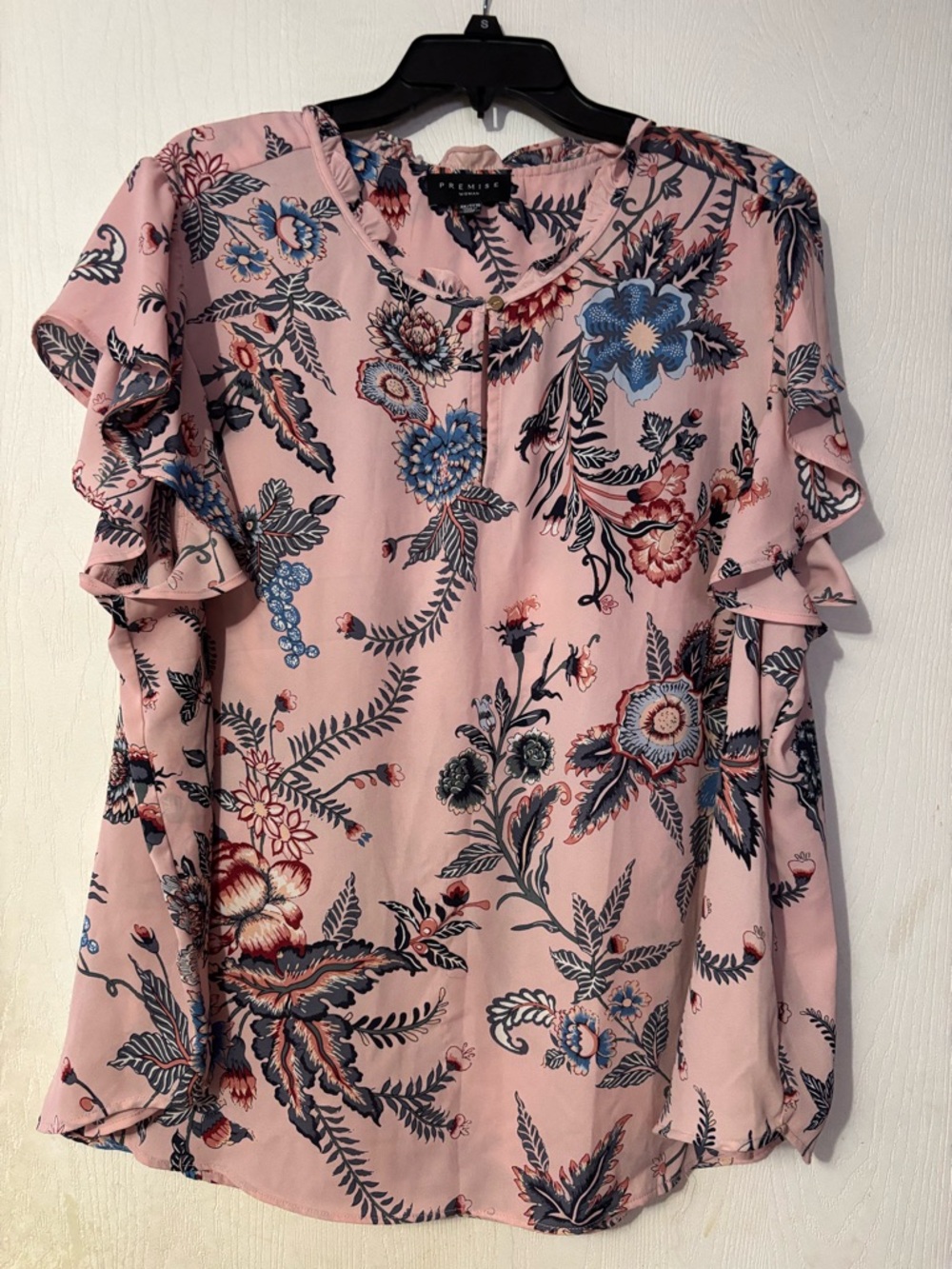 Premise Pink Floral Ruffle-Sleeve Blouse with Blue Accents